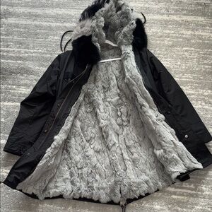 Women's Black and Gray hooded Fur-Lined Jacket